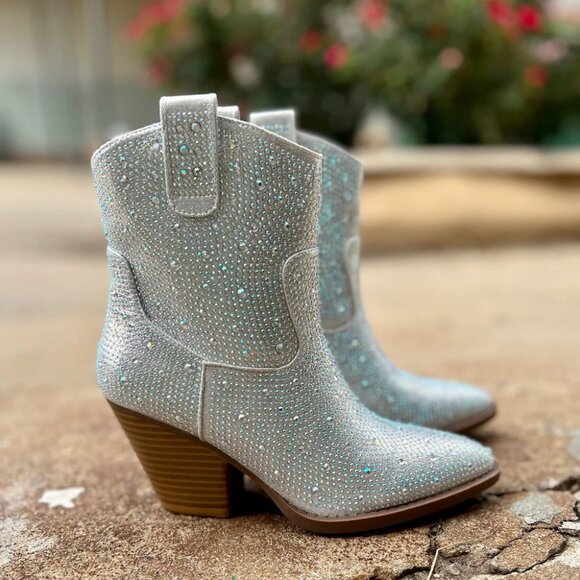 New Silver Rhinestone Embellished Cowgirl Western Ankle Boots Booties Block Heel - Picture 5 of 7